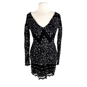 Holt Maison De Luxe Designer Hand Painted Rhinestone Black Lace Dress